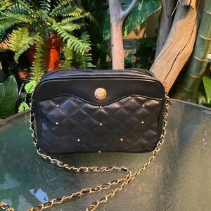 VTG Daniella Leather Quilted Beaded Purse With Gold/Leather Chain